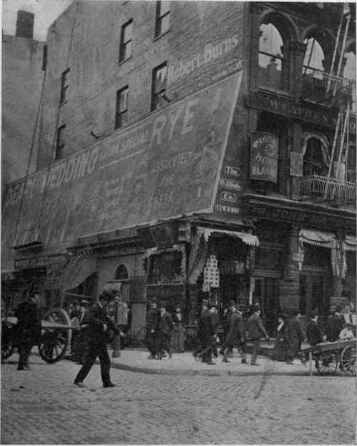 The five foot strip on the corner, yielding a large income for a saloon and advertising, illustrates the high value of a good location, even though the area is small. Broadway, New York.