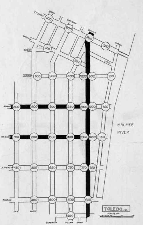 Toledo. Business section. Figures represent value of corners, for lot of average width and depth, in dollars per front foot.