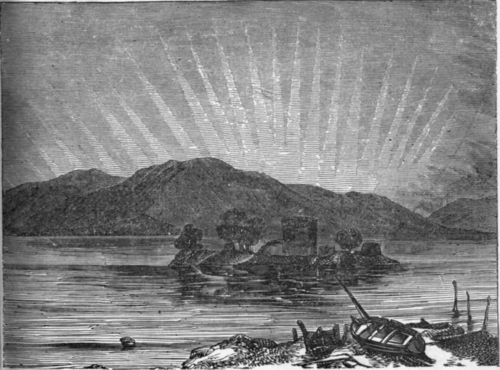 AURORA BOREALIS. This is an aspect of the Aurora Borealis sometimes observed in Scotland. The view embraces a portion of Loch Leven, with the island and the castle in which the unfortunate Mary Queen of Scots was imprisoned.