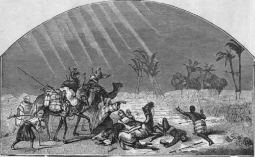 SAND STORM OR SAND FLOOD IN THE DESERTS OF ARABIA. In these terrible whirlwinds of sand, whole caravans are sometimes overwhelmed and destroyed
