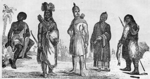 THE FIVE HUMAN RACES, ETHIOPIAN. AMERICAN. CAUCASIAN. MONGOLIAN. ESQUIMAUX.