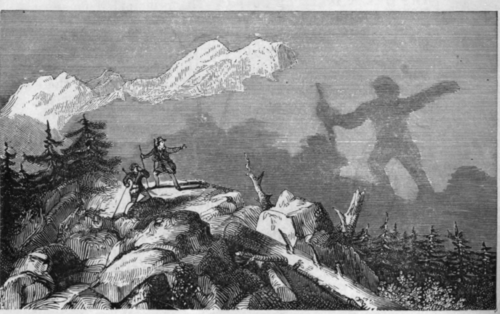THE SPECTRE OF THE BROKEN. This wonderful and startling phenomenon is often observed in the Hartz Mountains in Germany.