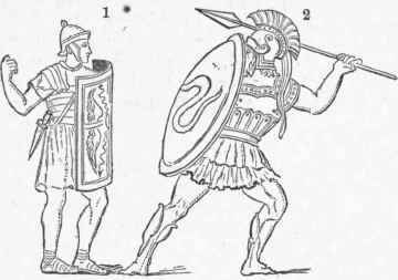 1. Scutum, from Trajan's Column. 2. Clipeus, from a Greek Vase.