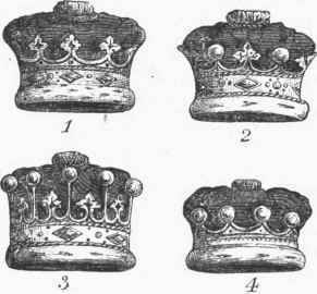 Coronets.   1. Duke's. 2. Marquis's. 3. Earl's. 4. Baron's.