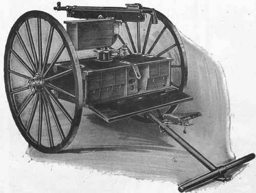 Automatic Machine Gun Mounted on Light Landing Carriage, Ammunition Chests Open, Showing