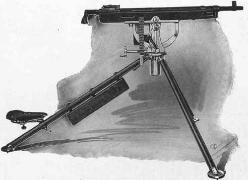 Automatic Machine Gun Mounted on Tripod, Showing Belt Passing Out (Right Side)
