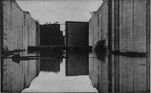 Gatun Upper Locks, East Chamber The view is looking north from the forebay showing the upper guard gates and emergency dam.